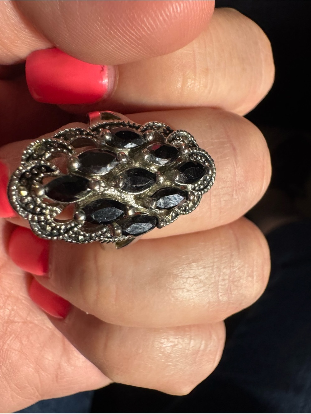 Vintage-Style Silver Marquise Black Stone Ring - Women Jewelry size 8